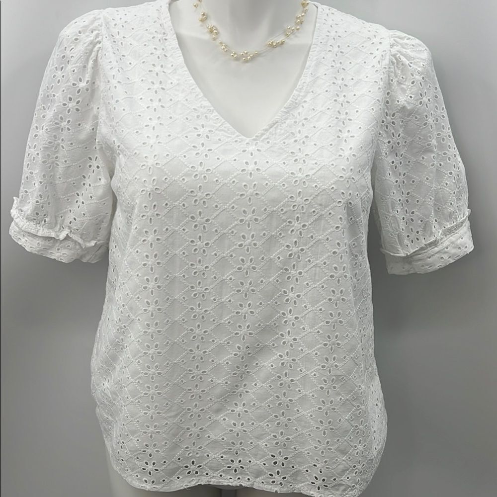 Draper James White Puff Sleeve Ruffled Eyelet Blouse